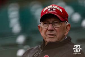 Nebraska Cornhusker fan sticks it out through the rain game against the Oregon State Beavers during a college baseball game Saturday, March 29, 2025 in Lincoln, Nebraska. Photo by John S. Peterson.