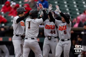 Oregon State Beaver Gavin Turley (1) celebrates his grand slam in the fourth against the Nebraska Cornhuskers during a college baseball game Saturday, March 29, 2025 in Lincoln, Nebraska. Photo by John S. Peterson.