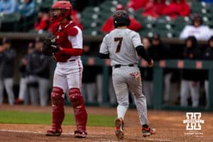 Oregon State Beaver AJ Singer (7) scores a run in the fourth against the Nebraska Cornhuskers during a college baseball game Saturday, March 29, 2025 in Lincoln, Nebraska. Photo by John S. Peterson.