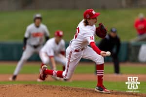 Nebraska Cornhusker pitcher Pryce Bender (6) throws a pitch against the Oregon State Beavers during a college baseball game Saturday, March 29, 2025 in Lincoln, Nebraska. Photo by John S. Peterson.