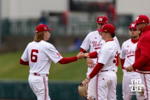 Nebraska Cornhusker pitcher Pryce Bender (6) in to pitch against the Oregon State Beavers in the fourth inning during a college baseball game Saturday, March 29, 2025 in Lincoln, Nebraska. Photo by John S. Peterson.