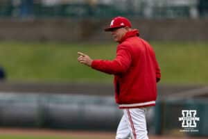 Nebraska Cornhuskers pitching coach Rob Childress signals for a new pitcher in the fourth inning against the Oregon State Beavers during a college baseball game Saturday, March 29, 2025 in Lincoln, Nebraska. Photo by John S. Peterson.