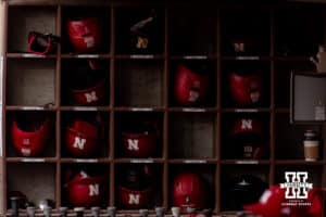 Nebraska Cornhuskers helmet and bats stored during a college baseball game against the Oregon State Beavers Saturday, March 29, 2025 in Lincoln, Nebraska. Photo by John S. Peterson.