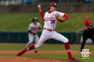 Nebraska Cornhusker pitcher Carson Jasa (39) throws a pitch against the Oregon State Beavers in the fourth inning during a college baseball game Saturday, March 29, 2025 in Lincoln, Nebraska. Photo by John S. Peterson.