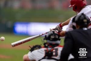 Nebraska Cornhusker Tyler Stone (55) doubles scoring Sanderson in the third inning against the Oregon State Beavers during a college baseball game Saturday, March 29, 2025 in Lincoln, Nebraska. Photo by John S. Peterson.