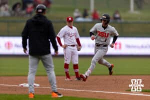 Oregon State Beaver outfielder Gavin Turley (1) rounds third as runs the bases after hitting a home run in the third inning against the Nebraska Cornhuskers during a college baseball game Saturday, March 29, 2025 in Lincoln, Nebraska. Photo by John S. Peterson.