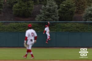 Nebraska Cornhusker outfielder Riley Silva (1) watches the ball go over the wall for a home run by Oregon State Beavers Gavin Turley in third during a college baseball game Saturday, March 29, 2025 in Lincoln, Nebraska. Photo by John S. Peterson.