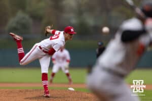 Nebraska Cornhusker pitcher Ty Horn (20) throws a pitch against the Oregon State Beavers in the second inning during a college baseball game Saturday, March 29, 2025 in Lincoln, Nebraska. Photo by John S. Peterson.