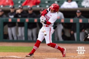 Nebraska Cornhusker infielder Devin Nunez (16) singles in the first inning against the Oregon State Beavers during a college baseball game Saturday, March 29, 2025 in Lincoln, Nebraska. Photo by John S. Peterson.
