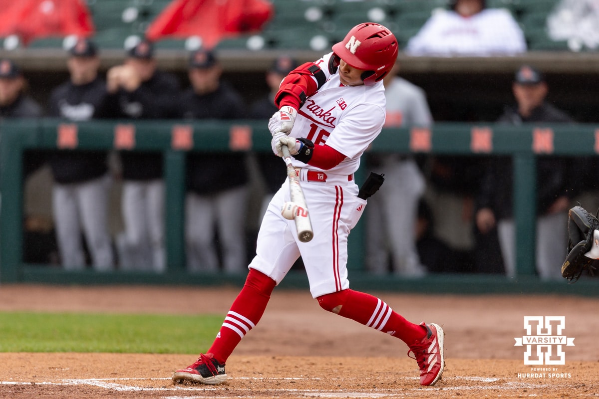 Nebraska Cornhusker infielder Devin Nunez (16) singles in the first inning against the Oregon State Beavers during a college baseball game Saturday, March 29, 2025 in Lincoln, Nebraska. Photo by John S. Peterson.