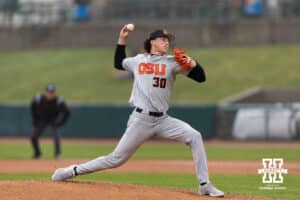 Oregon State Beaver pitcher Dax Whitney (30) throws a pitch against the Nebraska Cornhuskers in the first inning during a college baseball game Saturday, March 29, 2025 in Lincoln, Nebraska. Photo by John S. Peterson.