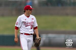 Nebraska Cornhusker pitcher Ty Horn (20) walks off the filed after the first inngin against the Oregon State Beavers during a college baseball game Saturday, March 29, 2025 in Lincoln, Nebraska. Photo by John S. Peterson.