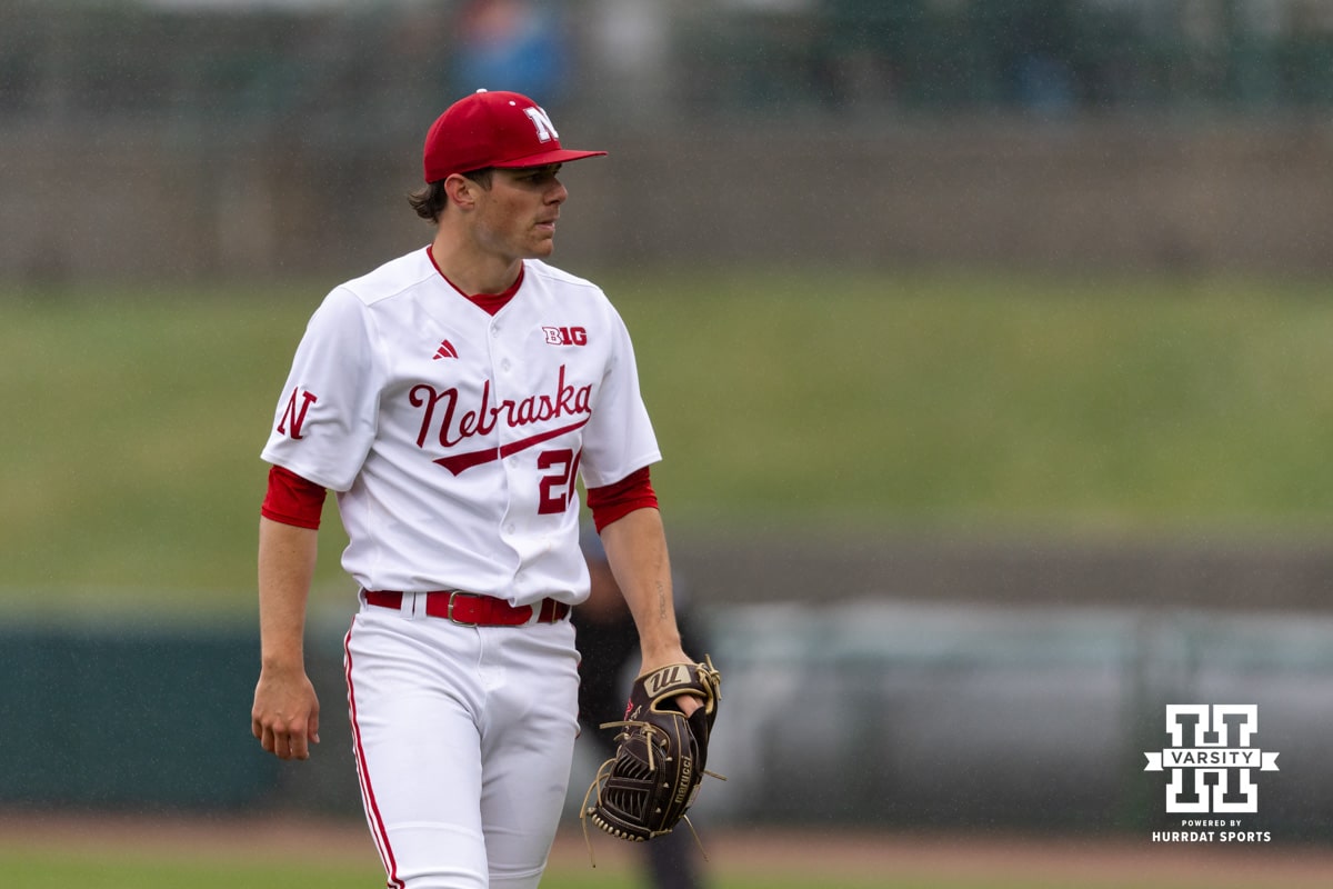 Nebraska Cornhusker pitcher Ty Horn (20) walks off the filed after the first inngin against the Oregon State Beavers during a college baseball game Saturday, March 29, 2025 in Lincoln, Nebraska. Photo by John S. Peterson.