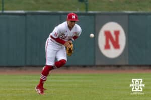 Nebraska Cornhusker outfielder Devin Nunez (16) miss handles the ball in the first inning against the Oregon State Beavers during a college baseball game Saturday, March 29, 2025 in Lincoln, Nebraska. Photo by John S. Peterson.