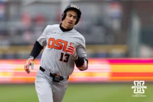 Oregon State Beaver Aiva Arquette (13) runs the bases after hitting a home run against the Nebraska Cornhuskers in the first inning during a college baseball game Saturday, March 29, 2025 in Lincoln, Nebraska. Photo by John S. Peterson.