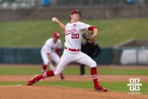 Nebraska Cornhusker pitcher Ty Horn (20) throws a pitch against the Oregon State Beavers in the first inning during a college baseball game Saturday, March 29, 2025 in Lincoln, Nebraska. Photo by John S. Peterson.