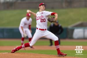 Nebraska Cornhusker pitcher Ty Horn (20) throws a pitch against the Oregon State Beavers during a college baseball game Saturday, March 29, 2025 in Lincoln, Nebraska. Photo by John S. Peterson.