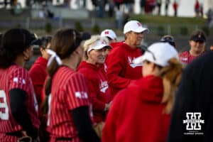 Nebraska Cornhusker head coach Rhonda Revelle talks to the team after the win against the Omaha Mavericks during a college softball game on Wednesday, March 26, 2025, in Omaha, Nebraska. Photo by John S. Peterson.