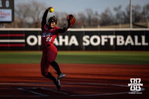 Nebraska Cornhusker Jordyn Bahl (98) throws a pitch in the seventh inning against the Omaha Mavericks during a college softball game on Wednesday, March 26, 2025, in Omaha, Nebraska. Photo by John S. Peterson.