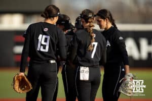 Omaha Maverick pitcher Grace Hornbuckle (7) in to pitch in the seventh against the Nebraska Cornhuskers during a college softball game on Wednesday, March 26, 2025, in Omaha, Nebraska. Photo by John S. Peterson.