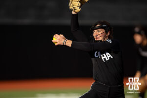 Omaha Mavericks pitcher Maddia Groff throws a pitch against the Nebraska Cornhuskers during a college softball game on Wednesday, March 26, 2025, in Omaha, Nebraska. Photo by John S. Peterson.