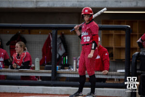 Nebraska Cornhusker Jordyn Bahl (98) on deck against the Omaha Mavericks during a college softball game on Wednesday, March 26, 2025, in Omaha, Nebraska. Photo by John S. Peterson.