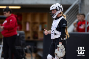 Omaha Mavericks catch Rylinn Groff gives a thumbs up against the Nebraska Cornhuskers during a college softball game on Wednesday, March 26, 2025, in Omaha, Nebraska. Photo by John S. Peterson.