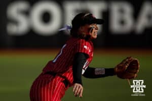 Nebraska Cornhusker Ava Kuszak (7) moves for the ball against the Omaha Mavericks during a college softball game on Wednesday, March 26, 2025, in Omaha, Nebraska. Photo by John S. Peterson.