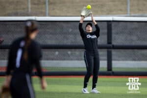 Omaha Mavericks Ana Rongisch makes a catch for an out against the Nebraska Cornhuskers during a college softball game on Wednesday, March 26, 2025, in Omaha, Nebraska. Photo by John S. Peterson.