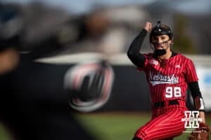 Nebraska Cornhusker Jordyn Bahl (98 throws a pitch against the Omaha Mavericks in the first inning during a college softball game on Wednesday, March 26, 2025, in Omaha, Nebraska. Photo by John S. Peterson.