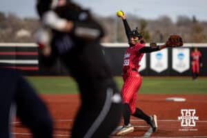 Nebraska Cornhusker Jordyn Bahl (98) throws a pitch against the Omaha Mavericks in the first during a college softball game on Wednesday, March 26, 2025, in Omaha, Nebraska. Photo by John S. Peterson.