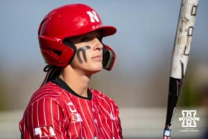 Nebraska Cornhusker Jordyn Bahl (98) at bat against the Omaha Mavericks in the first inning during a college softball game on Wednesday, March 26, 2025, in Omaha, Nebraska. Photo by John S. Peterson.