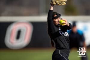 Omaha Maverick pitcher Maddia Groff (6) throws a pitch against the Nebraska Cornhuskers in the first inning during a college softball game on Wednesday, March 26, 2025, in Omaha, Nebraska. Photo by John S. Peterson.