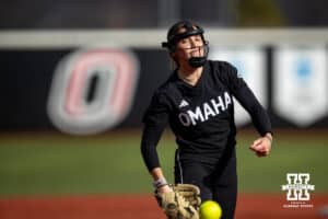 Omaha Maverick pitcher Maddia Groff (6) throws a pitch in the first inning against the Nebraska Cornhuskers during a college softball game on Wednesday, March 26, 2025, in Omaha, Nebraska. Photo by John S. Peterson.