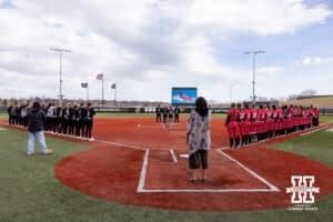 National Anthem performed before the game between Omaha Mavericks and the Nebraska Cornhuskers during a college softball game on Wednesday, March 26, 2025, in Omaha, Nebraska. Photo by John S. Peterson.