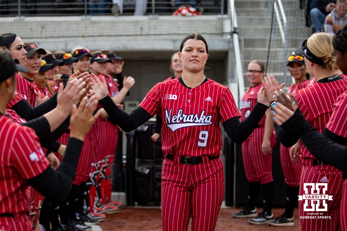 Nebraska Cornhusker Hannah Camenzind (9) introduced before taking on the Omaha Mavericks during a college softball game on Wednesday, March 26, 2025, in Omaha, Nebraska. Photo by John S. Peterson.