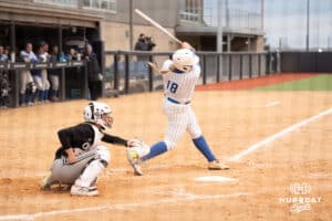 Creighton Bluejays Sydney Potter strikes out during a softball game against Omaha on April 1st, 2025 in Omaha Nebraska. Photo by Brandon Tiedemann.