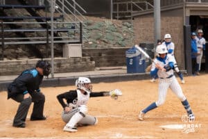 Creighton Bluejays Lily West watches the pitch during a softball game against Omaha on April 1st, 2025 in Omaha Nebraska. Photo by Brandon Tiedemann.
