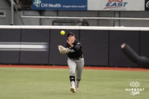 Omaha Mavericks Sammy Schmidt catches the pop up during a college softball game against Creighton on April 1st, 2025 in Omaha, Nebraska. Photo by Brandon Tiedemann.