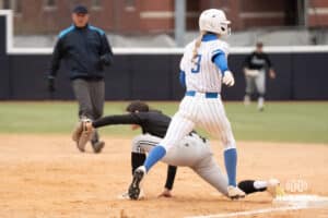 Creighton Bluejays Sydra Seville gets thrown out at first during a softball game against Omaha on April 1st, 2025 in Omaha Nebraska. Photo by Brandon Tiedemann.