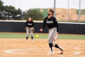 Omaha Mavericks Alexis Wiggins pitches during a college softball game against Creighton on April 1st, 2025 in Omaha, Nebraska. Photo by Brandon Tiedemann.