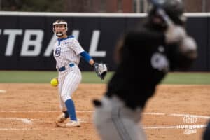 Creighton Bluejays Brooklyn Patchen pitches during a softball game against Omaha on April 1st, 2025 in Omaha Nebraska. Photo by Brandon Tiedemann.
