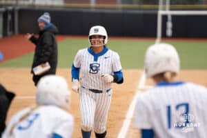 Creighton Bluejays Kenzie Nakasawa celebrates a home run during a softball game against Omaha on April 1st, 2025 in Omaha Nebraska. Photo by Brandon Tiedemann.