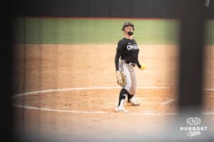 Omaha Mavericks Maddia Groff pitches during a college softball game against Creighton on April 1st, 2025 in Omaha, Nebraska. Photo by Brandon Tiedemann.
