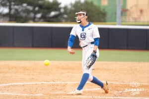 Creighton Bluejays Brooklyn Patchen warms up during a softball game against Omaha on April 1st, 2025 in Omaha Nebraska. Photo by Brandon Tiedemann.