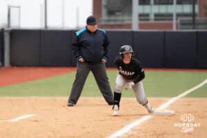 Omaha Mavericks Rylinn Groff waits to run during a college softball game against Creighton on April 1st, 2025 in Omaha, Nebraska. Photo by Brandon Tiedemann.
