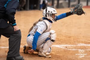Creighton Bluejays Lily West catches a foul tip during a softball game against Omaha on April 1st, 2025 in Omaha Nebraska. Photo by Brandon Tiedemann.