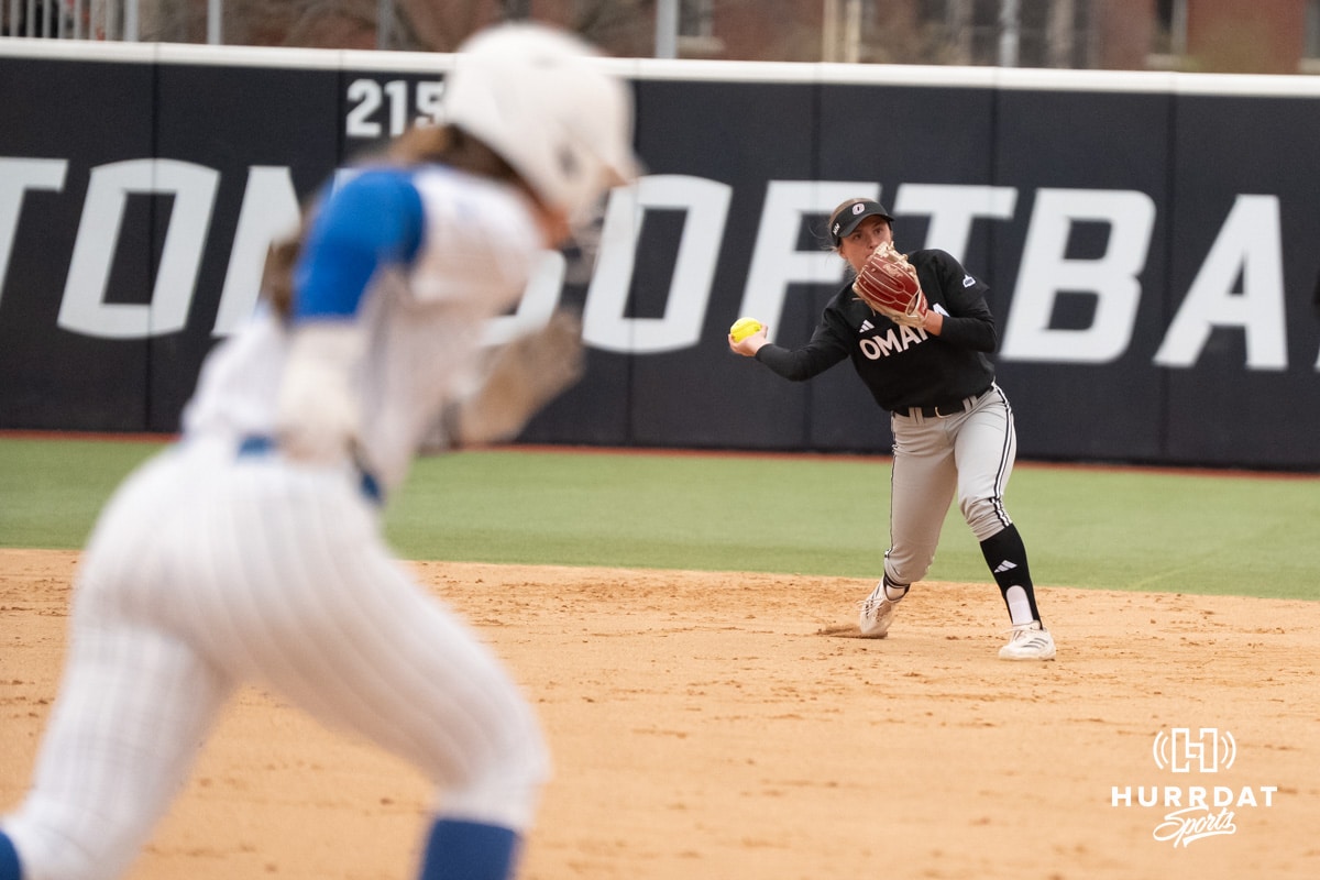 Omaha Mavericks Katherine Johnson throws the ball during a college softball game against Creighton on April 1st, 2025 in Omaha, Nebraska. Photo by Brandon Tiedemann.