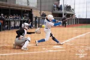 Creighton Bluejays Kaelan Schultz strikes out during a softball game against Omaha on April 1st, 2025 in Omaha Nebraska. Photo by Brandon Tiedemann.