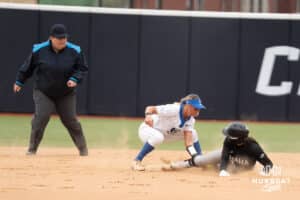 Omaha Mavericks Gabby Salazar gets thrown out at second during a college softball game against Creighton on April 1st, 2025 in Omaha, Nebraska. Photo by Brandon Tiedemann.